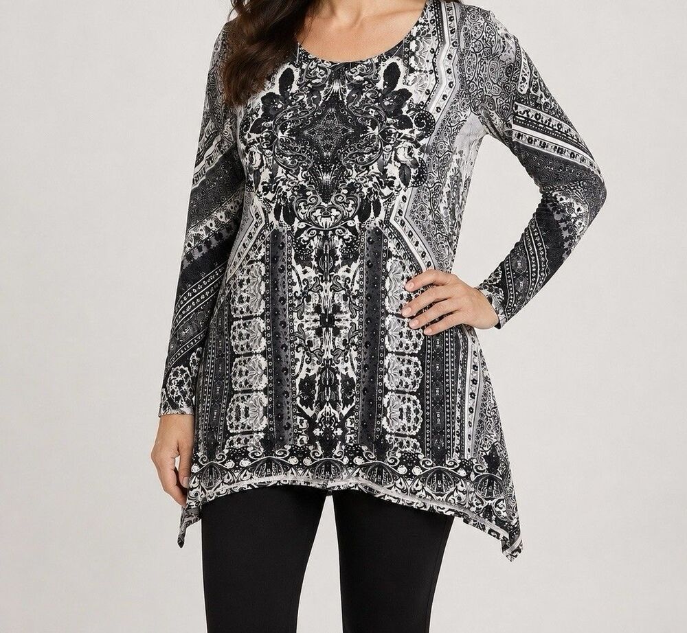 World Unity Womens L Black White Paisley Tunic Top Long Sleeve Boho Stretch